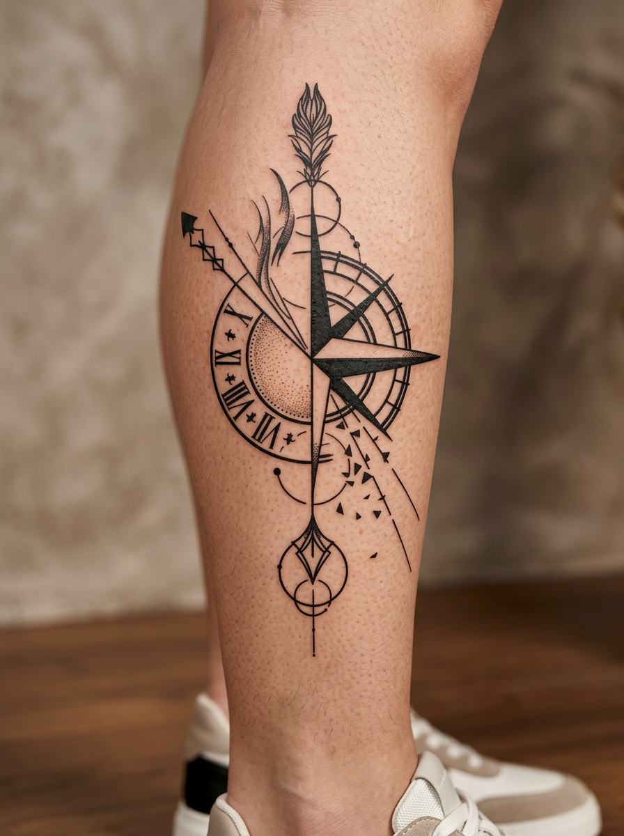 Compass & Time semi-permanent tattoo