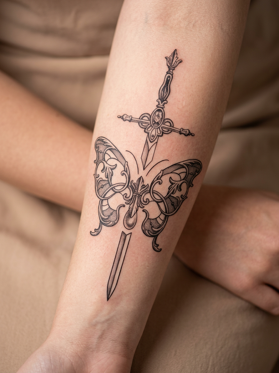 Butterfly Sword semi-permanent tattoo