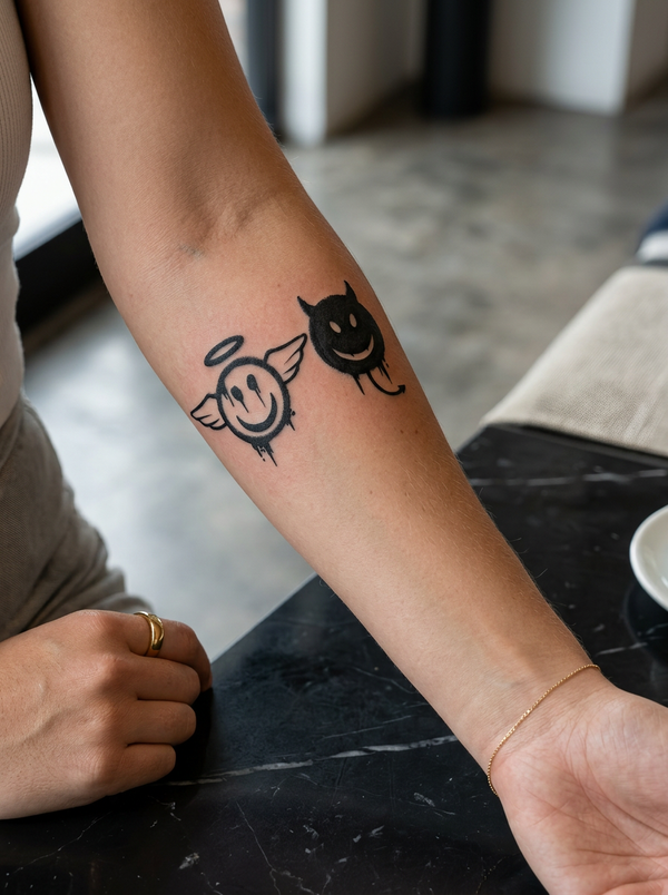 Angel & Devil Emoji semi-permanent tattoo