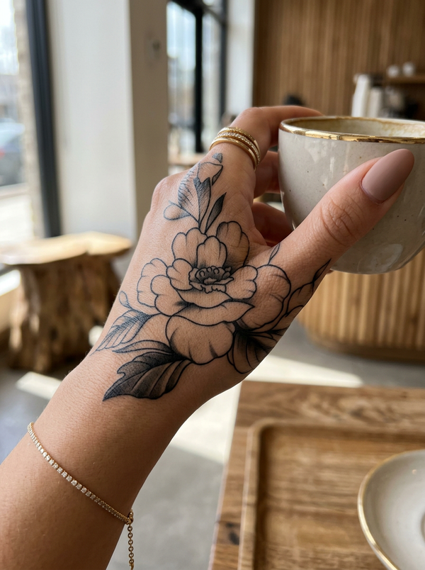 Elegant Peony Blossom Blackwork (6 Pack) semi-permanent tattoo