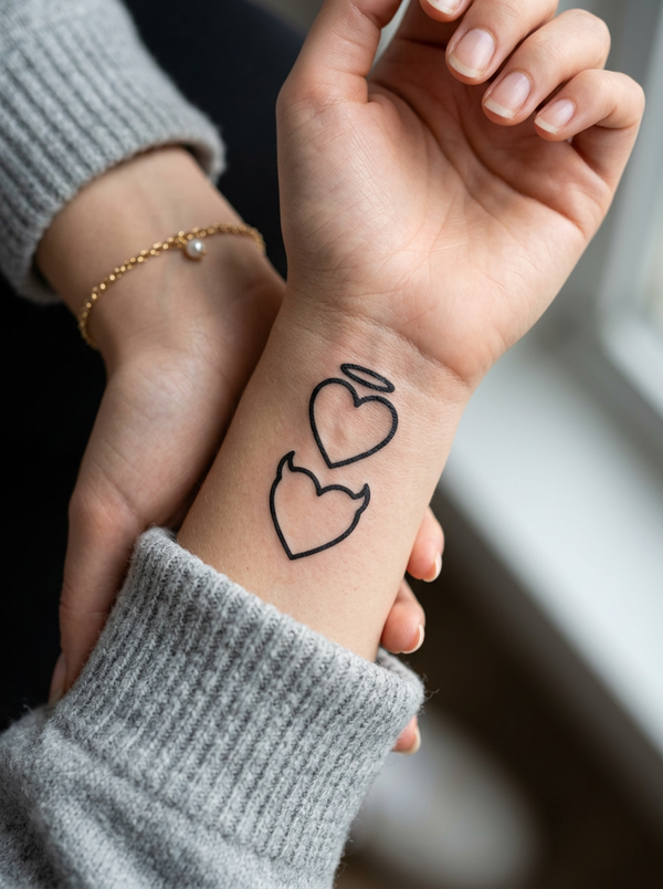 Angel & Devil Hearts semi-permanent tattoo