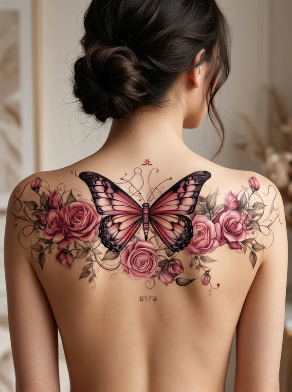 Upper back florals semi-permanent tattoo